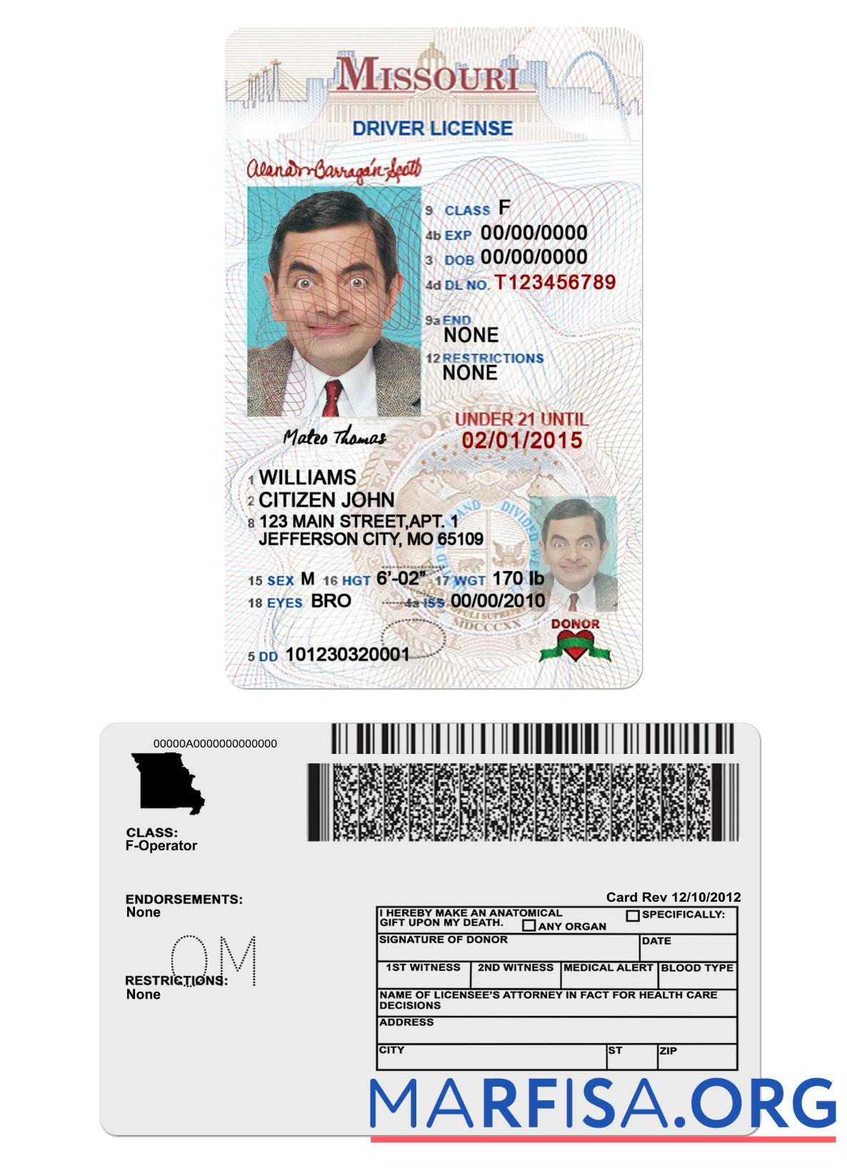 Blank USA Missouri driving license under 21 sample